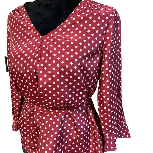 Skies Are Blue brick red and tan polka dot tie waist short length blouse size SP - Picture 2 of 14